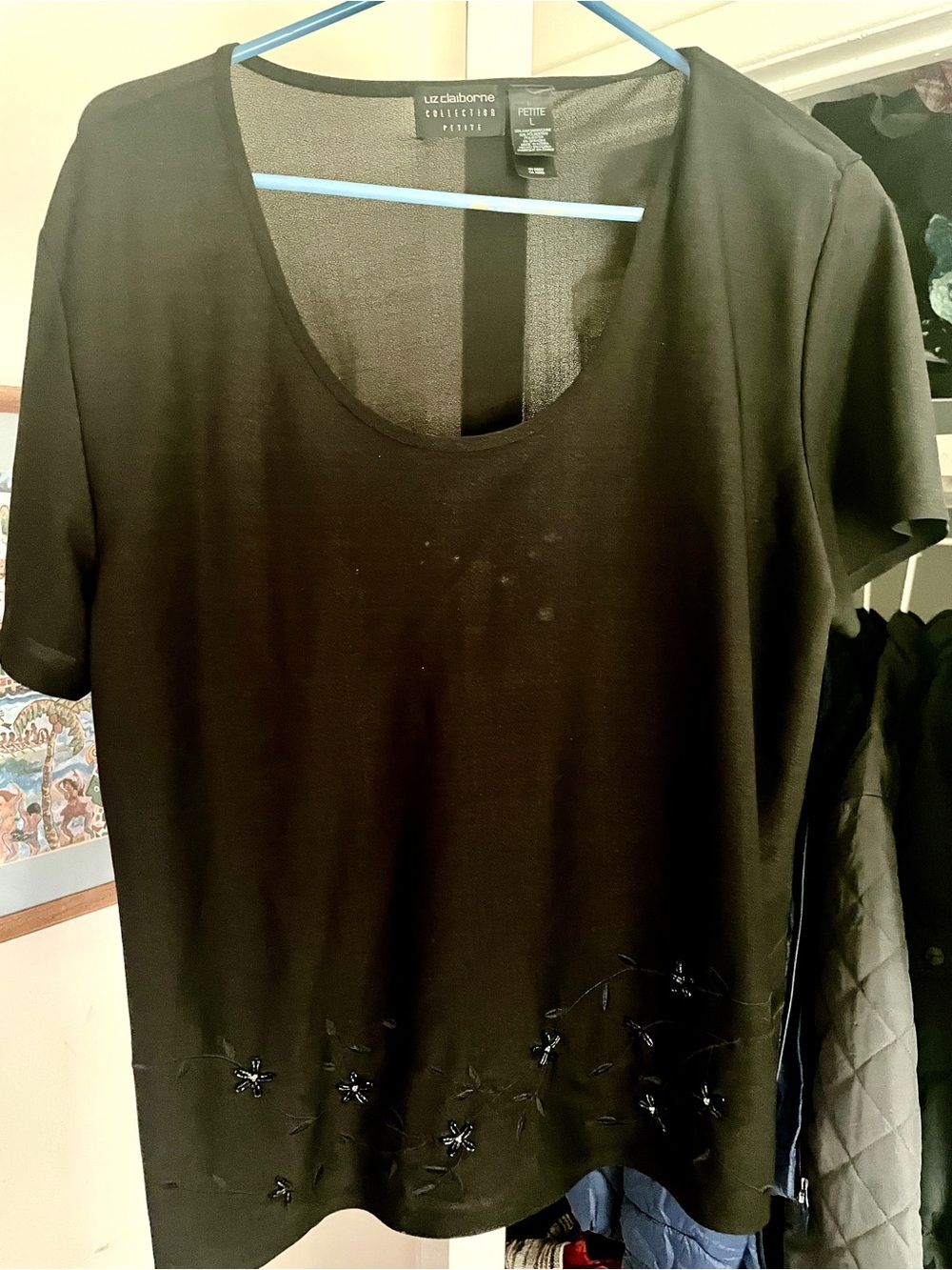 Liz Claiborne Collection Petite Black Sheer Short Sleeve Top Size Large